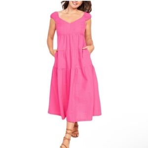 Old Navy Pink Short Sleeve Seersucker Midi/Maxi Dress with Bow Detail